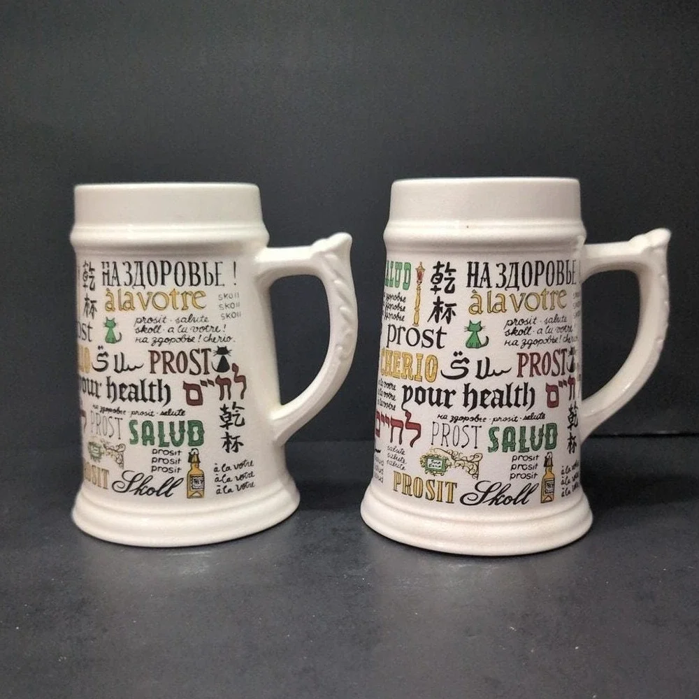 Cheers Around The World Ceramic Steins, Set of 2, Vintage Beer‎ Mugs, Barware